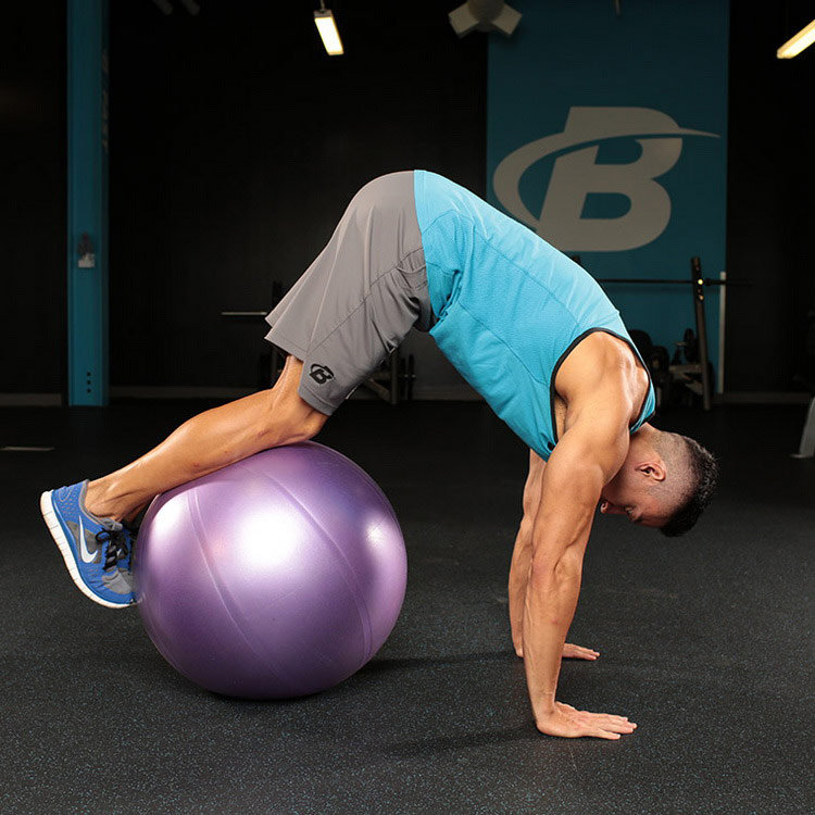 техника выполнения упражнения: Балансирование на мяче со сгибанием коленей (Stability Ball Pike With Knee Tuck) на фото