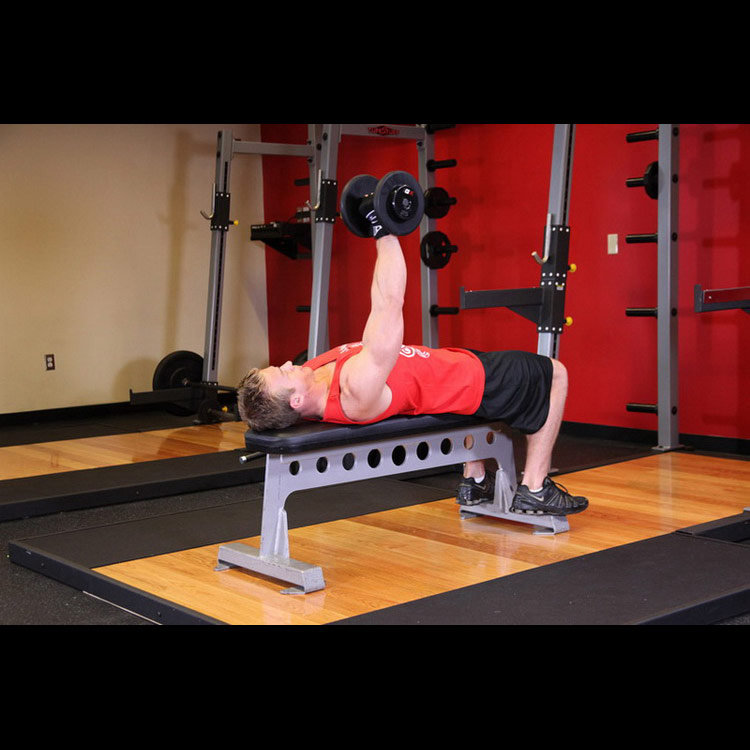 техника выполнения упражнения: Жим одной рукой лежа на горизонтальной скамье (One Arm Dumbbell Bench Press) на фото