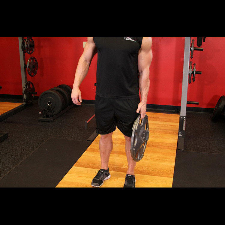 техника выполнения упражнения: Удерживание веса стоя (Standing Olympic Plate Hand Squeeze) на фото