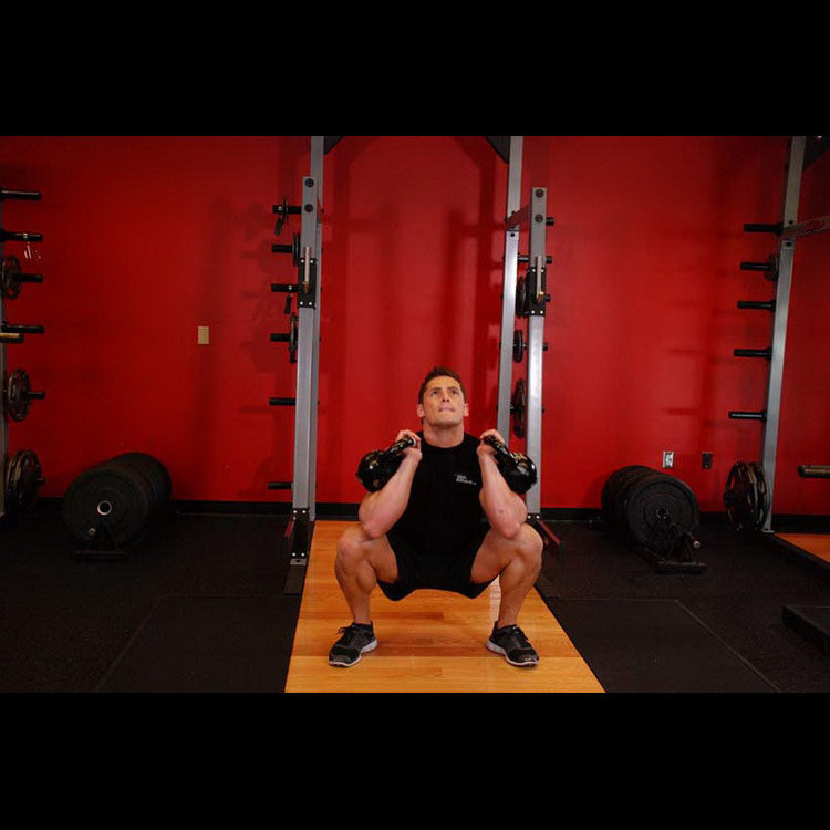 техника выполнения упражнения: Глубокие приседания с гирями (Front Squats With Two Kettlebells) на фото