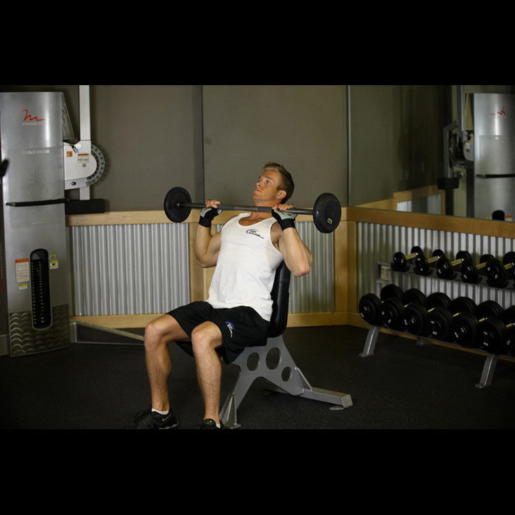 техника выполнения упражнения: Комплексный жим штанги сидя (Bradford/Rocky Presses) на фото