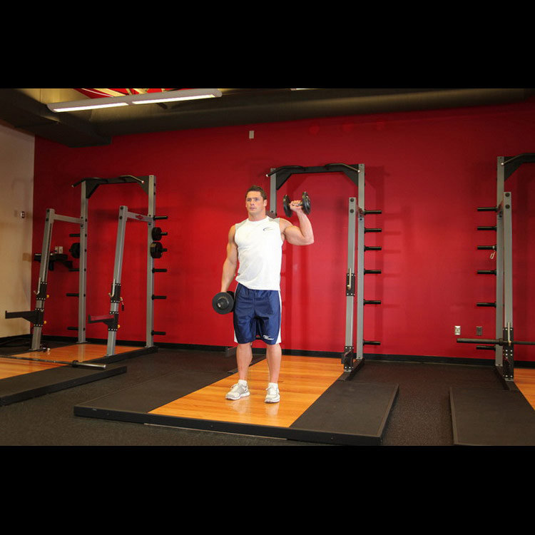 техника выполнения упражнения: Жим гантели одной рукой (Dumbbell One-Arm Shoulder Press) на фото техника выполнения упражнения: Жим гантели одной рукой (Dumbbell One-Arm Shoulder Press) на фото