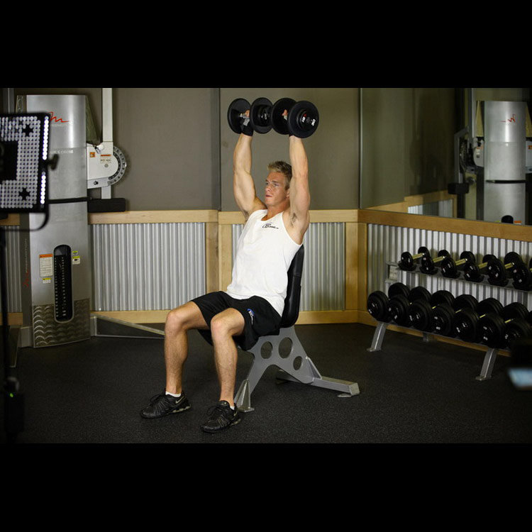 техника выполнения упражнения: Жим гантелей сидя (Dumbbell Shoulder Press) на фото