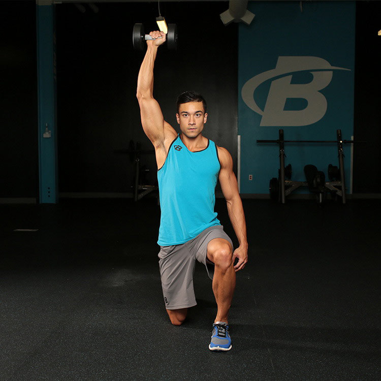 техника выполнения упражнения: Жим гантели стоя на одном колене (Half-kneeling Dumbbell Shoulder Press) на фото техника выполнения упражнения: Жим гантели стоя на одном колене (Half-kneeling Dumbbell Shoulder Press) на фото
